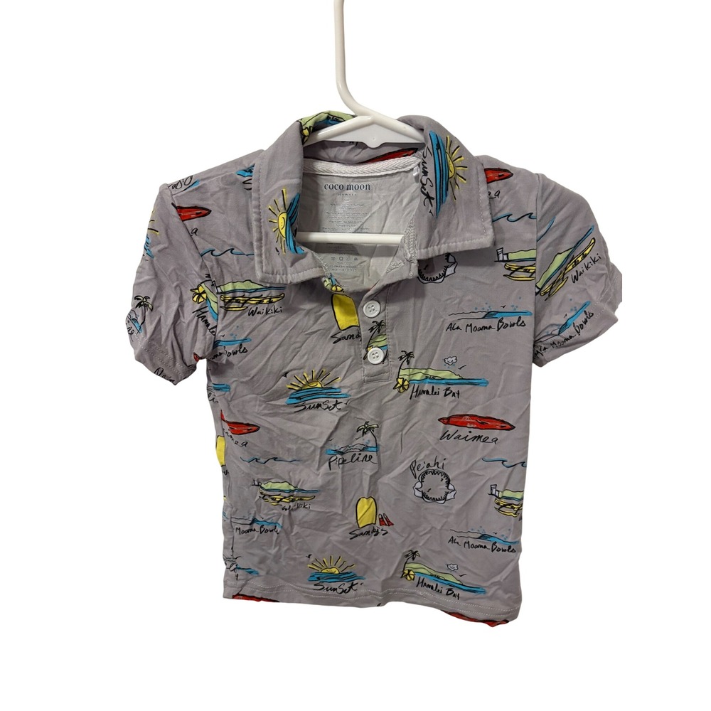 Coco Moon Hawaii Kids Grey Hawaiian Surf Print Bamboo Polo Shirt 18M